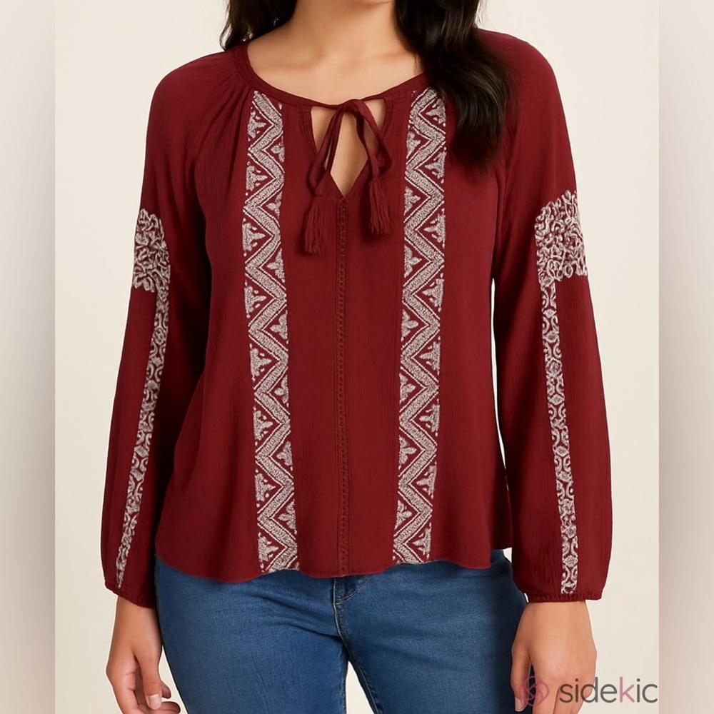 American Eagle Burgundy Cream Embroidered Long Sleeve Peasant Boho Top Size XS